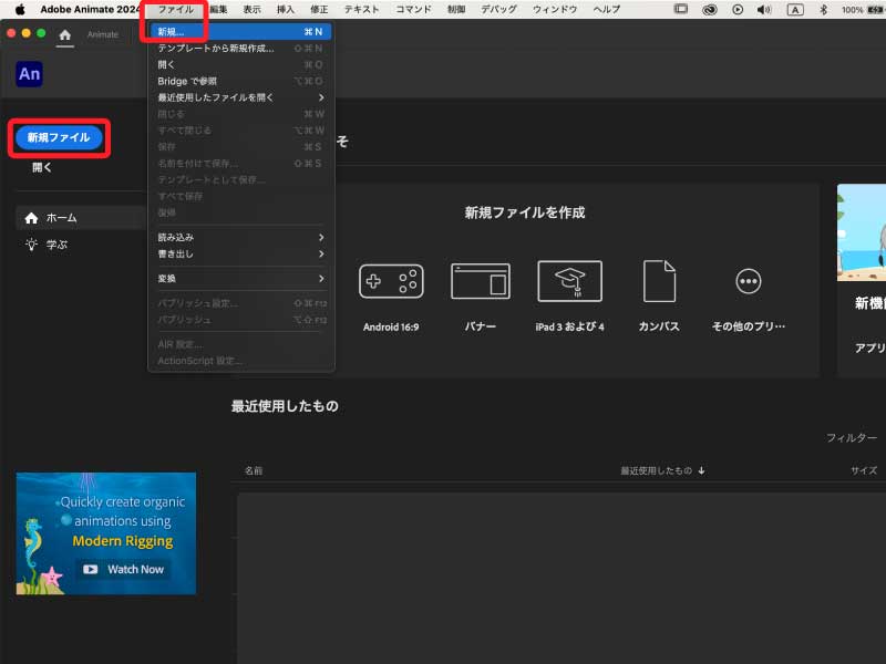 adobe animate新規作成画面1