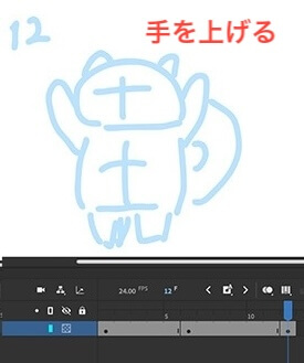 adobe animate 手を上げた絵を描く（12フレーム目）