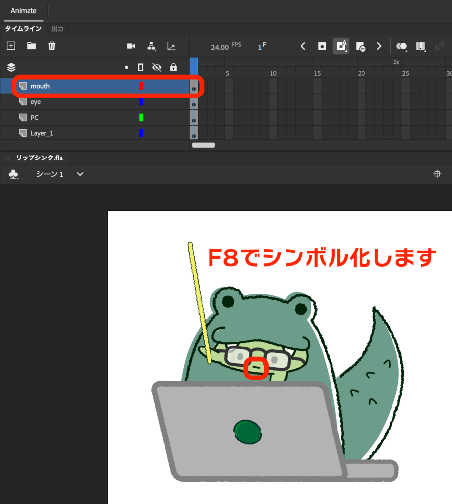 Adobe Animate F8で口をシンボル化